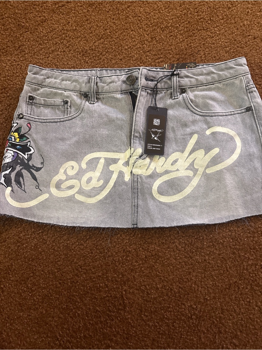 Ed Hardy Women’s Light Gray Denim Mini Skirt with Logo